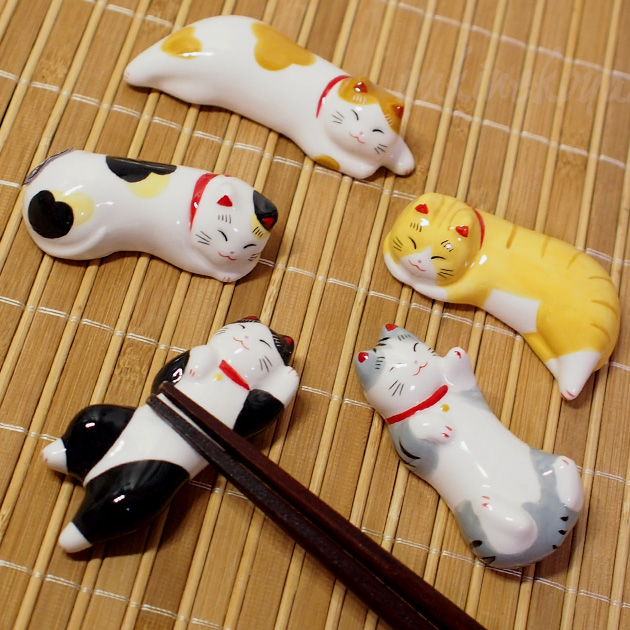 【猫の箸置き】なごみ猫　箸置き５匹セット（染錦）★薬師窯