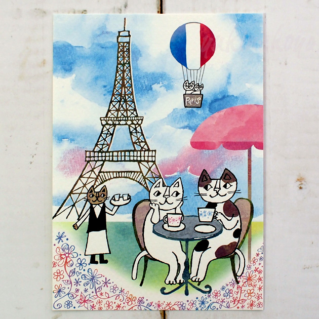 【猫のポストカード】おかべてつろう／パリのカフェで。（Okabe Tetsuro)
