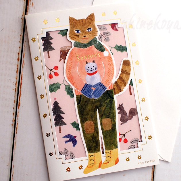 猫のグリーティングカード　Season's　クリスマスカード　猫とゆきだるま【布川愛子−AikoFukawa】