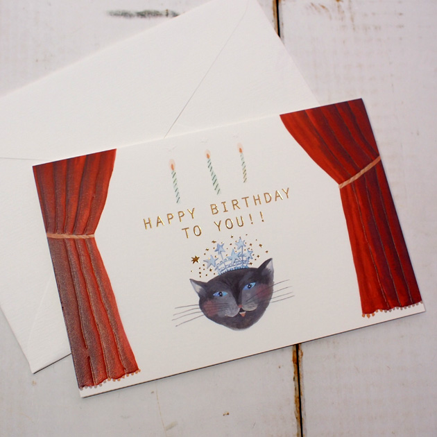 【猫のグリーティングカード】Happy Birthday　封筒付き（誕生祝・金箔押し加工）【チキュウグリーティングス】