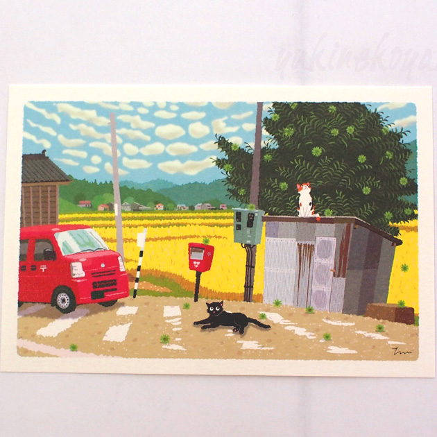 【猫のポストカード】たびねこ　栗の木と郵便車（森俊憲・もりとしのり）（黒猫・三毛猫）