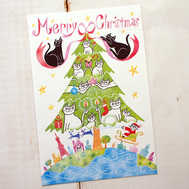 【猫のポストカード】おかべてつろう／世界一のツリーでメリークリスマス！（Okabe Tetsuro)
