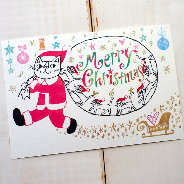 【猫のポストカード】おかべてつろう／しあわせ届けるメリークリスマス！（Okabe Tetsuro)