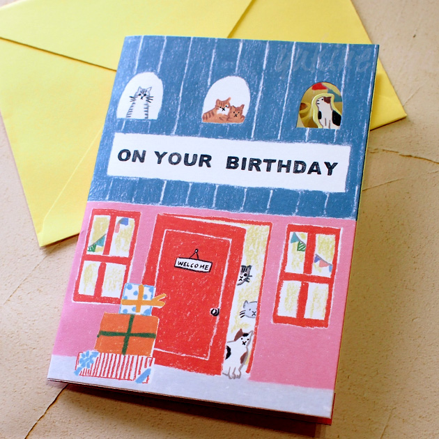 猫のポップアップ・飛び出すグリーティングカード　ON YOUR BIRTHDAY 扉の向こう　封筒付き【学研ステイフル】（お誕生日祝い　バースデーカード）