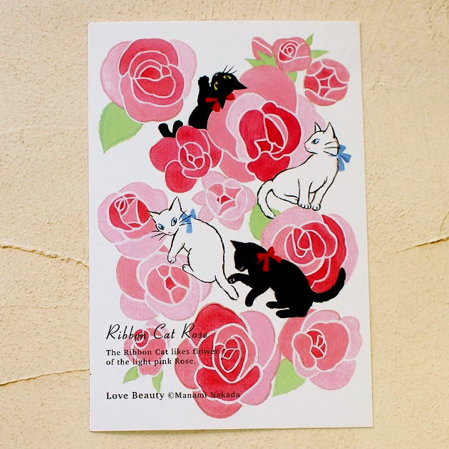 猫のポストカード Ribbon Cat リボンキャット 仲田愛美 黒猫 白猫 薔薇