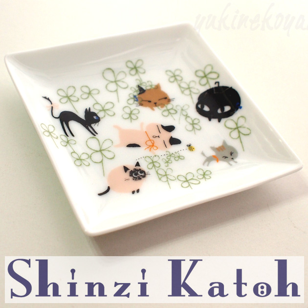 【Shinzi Katoh】 猫　スクエアプレート・角皿（猫とクローバー）
